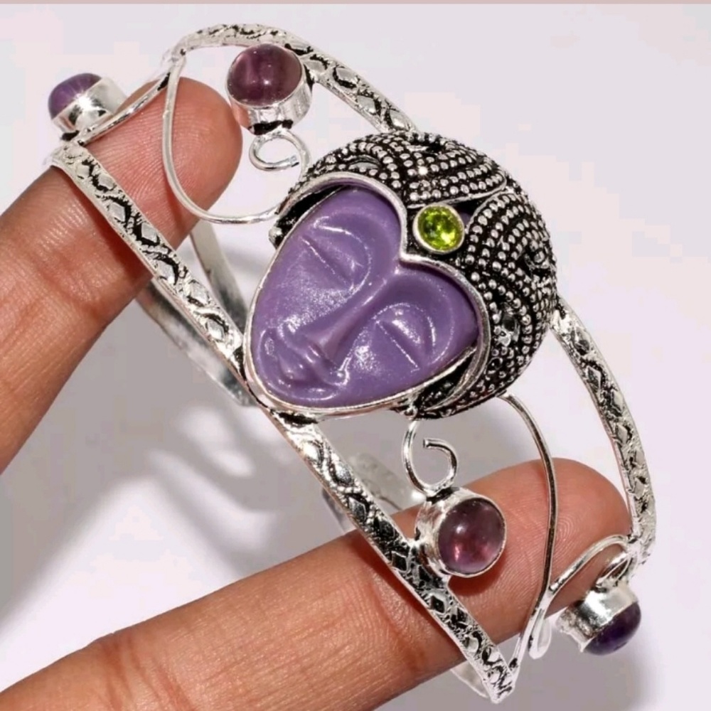 New Carved Goddess Face Amethyst & Peridot Silver Cuff Bracelet.